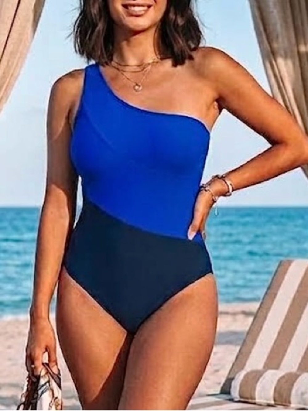 NEW Size L Cupshe Blue Colorblock One-Shoulder Tummy Control One Piece Swimsuit